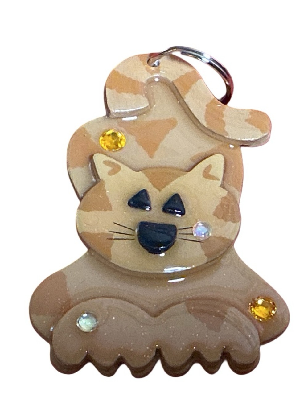 Cute Orange Tabby Cat Keychain Handmade Layered Wooden Charm Rhinestone Sparkle